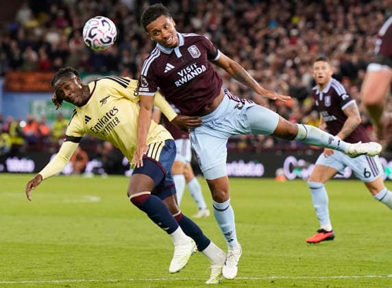 Birmingham, England, 31st August 2026. Boubacar Kamara of Aston Villa (r) challenges with Eberechi Eze of Arsenal (l) during the Aston Villa vs Arsenal Premier League match at Villa Park, Birmingham. Picture credit should read: Andrew Yates Sportimage EDITORIAL USE ONLY. No use with unauthorised audio, video, data, fixture lists, club league logos or live services. Online in-match use limited to 120 images, no video emulation. No use in betting, games or single club league player publications. SPI_050_AY_Villa_Arsenal SPI-4946-0050