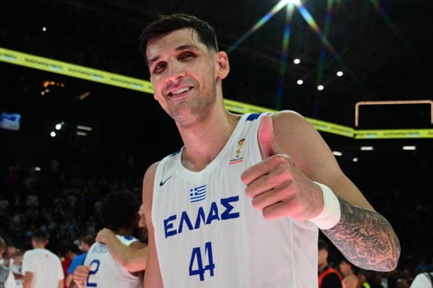 FIBA World Cup European Qualifiers - Greece vs Spain - Konstantinos Mitoglou of Greece celebrate after the FIBA World Cup European Qualifiers 2nd round group I basketball match between Greece and spainl held at Telekom Center Athens, Greece, on 31 August 2026. IMAGO ONE INCH PRODUCTIONS ATHENS GREECE Copyright: xOnexInchxProductionsx 7071393