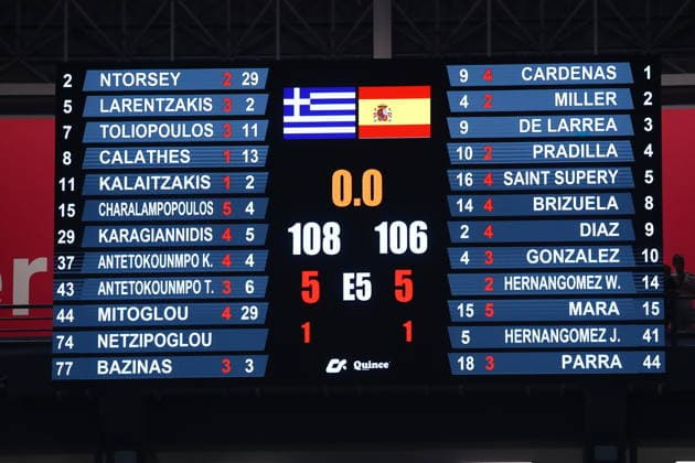 FIBA World Cup European Qualifiers - Greece vs Spain - The final scor on he matrix after the FIBA World Cup European Qualifiers 2nd round group I basketball match between Greece and spainl held at Telekom Center Athens, Greece, on 31 August 2026. IMAGO ONE INCH PRODUCTIONS ATHENS GREECE Copyright: xOnexInchxProductionsx 7071400