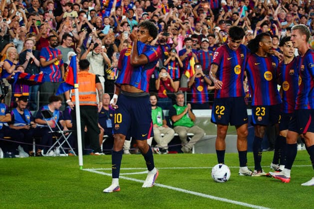 ESP: FC Barcelona, Barca - Rayo Vallecano. La Liga EA Sports. Matchday 3. Lamine Yamal of FC Barcelona celebrates after scoring the 2-1 during the La Liga EA Sports match between FC Barcelona and Rayo Vallecano played at Spotify Camp Nou Stadium on 31 Aug 2026 in Barcelona, Spain. kpng Copyright: xBaguxBlancox xPRESSINPHOTOx PS_2627_BAR_RAY_509