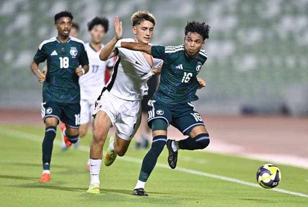 Saudi Arabia V Hong Kong, China - AFC U20 Asian Cup China 2027 Qualifiers Talal Ibrahim S Harth (R) of Saudi Arabia and Baker Joshua Lee of Hong Kong, China compete during the AFC U20 Asian Cup China 2027 Qualifiers match between Saudi Arabia V Hong Kong, China at Hamad Bin Khalifa Stadium in Doha, Qatar, on August 31, 2026. DOHA Qatar Copyright: xNOUSHADx