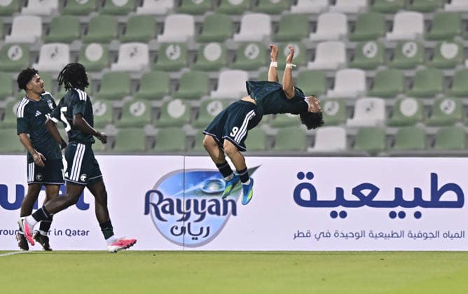Saudi Arabia V Hong Kong, China - AFC U20 Asian Cup China 2027 Qualifiers Louay Almondher Al Abidi (R) of Saudi Arabia celebrates after scoring a goal during the AFC U20 Asian Cup China 2027 Qualifiers match between Saudi Arabia V Hong Kong, China at Hamad Bin Khalifa Stadium in Doha, Qatar, on August 31, 2026. DOHA Qatar Copyright: xNOUSHADx