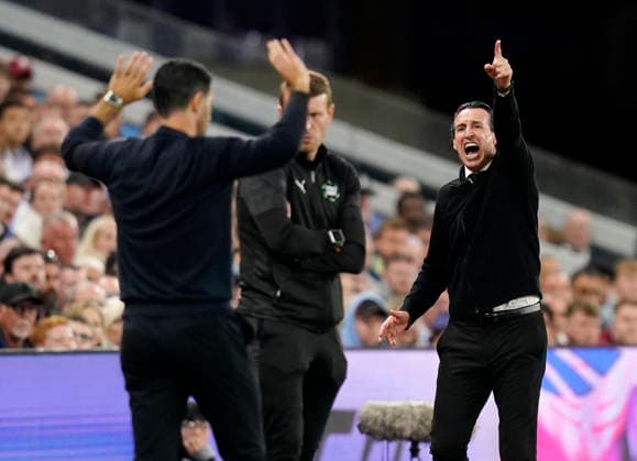 Birmingham, England, 31st August 2026. Unai Emery head coach of Aston Villa objects to a decision during the Aston Villa vs Arsenal Premier League match at Villa Park, Birmingham. Picture credit should read: Andrew Yates Sportimage EDITORIAL USE ONLY. No use with unauthorised audio, video, data, fixture lists, club league logos or live services. Online in-match use limited to 120 images, no video emulation. No use in betting, games or single club league player publications. SPI_058_AY_Villa_Arsenal SPI-4946-0058