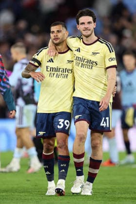 Aston Villa v Arsenal 31 August 2026, Aston - Premier League Football - Aston Villa v Arsenal - Declan Rice of Arsenal puts his arm around Bruno Guimaraes of Arsenal - Photo: Charlotte Wilson Offside. Aston UK Copyright: xCharlottexWilsonx xOffsidexOffside