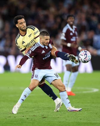 Aston Villa v Arsenal 31 August 2026, Aston - Premier League Football - Aston Villa v Arsenal - Mikel Merino of Arsenal and Emiliano Buendia of Aston Villa - Photo: Charlotte Wilson Offside. Aston UK Copyright: xCharlottexWilsonx xOffsidexOffside