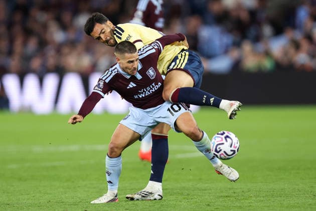 Aston Villa v Arsenal 31 August 2026, Aston - Premier League Football - Aston Villa v Arsenal - Mikel Merino of Arsenal and Emiliano Buendia of Aston Villa - Photo: Charlotte Wilson Offside. Aston UK Copyright: xCharlottexWilsonx xOffsidexOffside