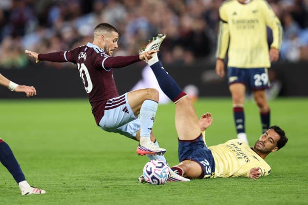 Aston Villa v Arsenal 31 August 2026, Aston - Premier League Football - Aston Villa v Arsenal - Mikel Merino of Arsenal and Emiliano Buendia of Aston Villa - Photo: Charlotte Wilson Offside. Aston UK Copyright: xCharlottexWilsonx xOffsidexOffside
