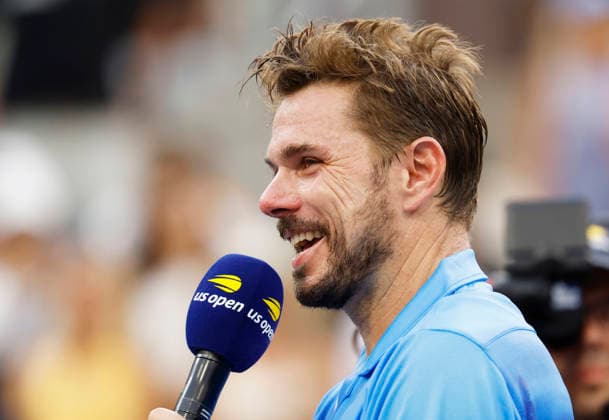 Stan Wawrinka of Switzerland speaks on the court after his first round match against Matteo Berrettini in The Grandstand at the 2026 US Open Tennis Championship at the USTA Billie Jean King National Tennis Center in New York City on Monday, August 31, 2026. Stan Wawrinka ended his Grand Slam career with his loss to Berrettini in straight sets.  NYP20260831115 JOHNxANGELILLO