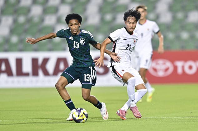 Saudi Arabia Vs Hong Kong, China in Doha - 31 Aug 2026 Fawaz Al Mashhur (L) of Saudi Arabia and Cheung Yiu Hin (R) of Hong Kong, China seen in action during the AFC U20 Asian Cup China 2027 Qualifiers match between Saudi Arabia and Hong Kong, China at Hamad Bin Khalifa Stadium. Final score; Saudi Arabia 2 : 0 Hong Kong, China. Doha Qatar Copyright: xNoushadxVariyattiyakkalx xSOPAxImagesx NVRITYAKAL 16-31-08-26