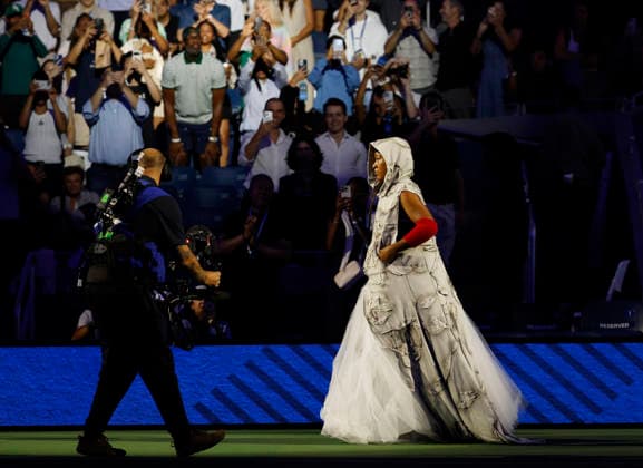 Naomi Osaka of Japan makes her entrance when she is introduced before her first round match against Anastasia.Zakharova in Arthur Ashe Stadium at the 2026 US Open Tennis Championship at the USTA Billie Jean King National Tennis Center in New York City on Monday, August 31, 2026.  NYP20260831143 JOHNxANGELILLO