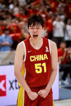 (260901) -- ZHUJI, Sept. 1, 2026 -- Yang Hansen of China celebrates after scoring at the end of the Second Round Group F match between China and Lebanon at the 2027 FIBA Basketball World Cup Asian Qualifiers in Zhuji, east China s Zhejiang Province, Aug. 31, 2026. (Photo by Xinhua) (SP)CHINA-ZHEJIANG-ZHUJI-BASKETBALL-FIBA WORLD CUP QUALIFIERS-CHINA VS LEBANON ZhouxShengrong 