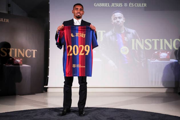 September 1, 2026, Barcelona, Barcelona, SPAIN: Gabriel Jesus poses with an FC Barcelona, Barca shirt during his presentation as new player of FC Barcelona at Commercial Office on September 01, 2026 in Barcelona, Spain. Gabriel Jesus Presentation As New Player Of FC Barcelona  - ZUMAa181 20260901_zaa_a181_011 Copyright: xJavierxBorregox