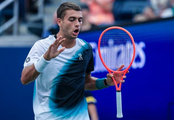 US Open tennis tournament - Day 3 Flavio Cobolli of Italy gestures as he plays against Francisco Comesana of Argentina during the Men s Singles first round match of the US Open Tennis Championships, in Flushing Meadows, New York, USA, 01 September 2026. FLUSHING MEADOWS NEW YORK United States  Copyright: xCRISTOBALxHERRERA-ULASHKEVICHx