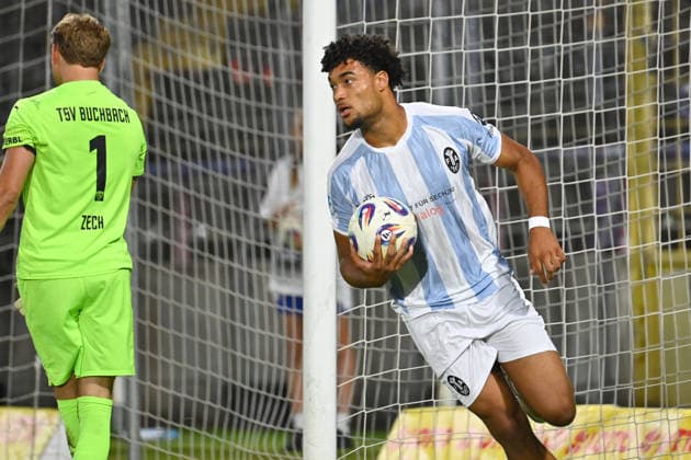Arian Ortivero CALDERON ( TSV 1860 Muenchen) nach Tor zum 1-2 per Elfmeter,Strafstoss. Fussball Landespokal Bayern, Toto Pokal TSV 1860 Muenchen - TSV Buchbach am 01.09.2026 GRUENWALDER STADION.