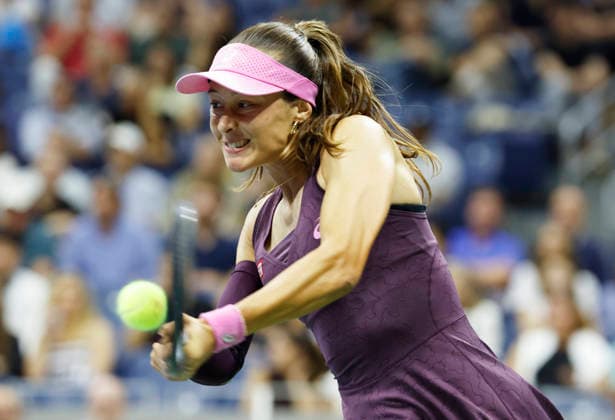 Zeynep Sonmez of Turkey returns a ball to Coco Gauff in the second set of their first round match in Arthur Ashe Stadium at the 2026 US Open Tennis Championship at the USTA Billie Jean King National Tennis Center in New York City on Tuesday, September 1, 2026.  NYP20260901101 JOHNxANGELILLO