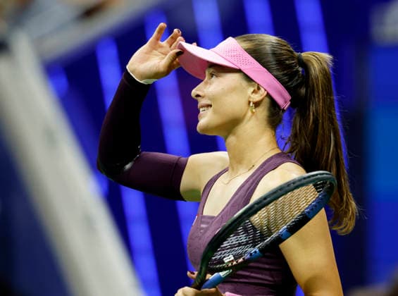 Zeynep Sonmez of Turkey reacts after winning a point at net over Coco Gauff in the second set of their first round match in Arthur Ashe Stadium at the 2026 US Open Tennis Championship at the USTA Billie Jean King National Tennis Center in New York City on Tuesday, September 1, 2026.  NYP20260901104 JOHNxANGELILLO