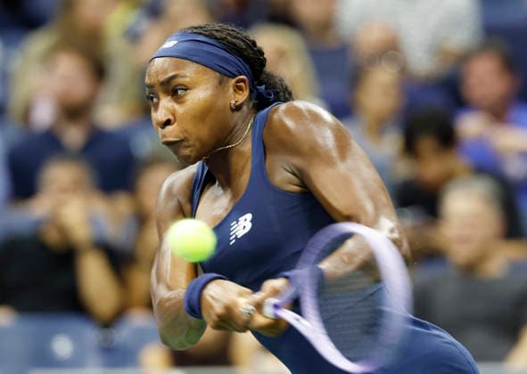 Coco Gauff returns a ball to Zeynep Sonmez of Turkey in the first set of their first round match in Arthur Ashe Stadium at the 2026 US Open Tennis Championship at the USTA Billie Jean King National Tennis Center in New York City on Tuesday, September 1, 2026.  NYP20260901108 JOHNxANGELILLO