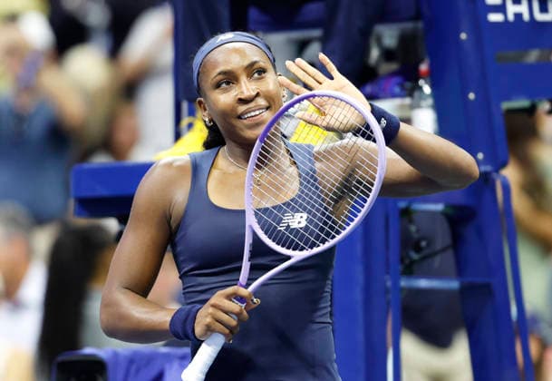 Coco Gauff celebrates after match point defeating Zeynep Sonmez of Turkey in straight sets in a first round match in Arthur Ashe Stadium at the 2026 US Open Tennis Championship at the USTA Billie Jean King National Tennis Center in New York City on Tuesday, September 1, 2026.  NYP20260901110 JOHNxANGELILLO