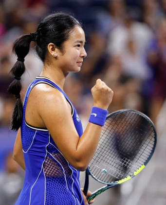Alexandra Eala of the Philippines celebrates after winning a point over Mary Stoiana in their first round match in Louis Armstrong Stadium at the 2026 US Open Tennis Championship at the USTA Billie Jean King National Tennis Center in New York City on Tuesday, September 1, 2026.  NYP20260901124 JOHNxANGELILLO