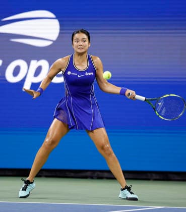 Alexandra Eala of the Philippines returns a ball to Mary.Stoiana in their first round match in Louis Armstrong Stadium at the 2026 US Open Tennis Championship at the USTA Billie Jean King National Tennis Center in New York City on Tuesday, September 1, 2026.  NYP20260901125 JOHNxANGELILLO