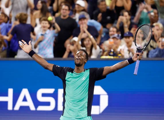 Gael Monfils of France celebrates after match point against Adolfo Daniel Vallejo in the first round in Louis Armstrong Stadium at the 2026 US Open Tennis Championship at the USTA Billie Jean King National Tennis Center in New York City on Tuesday, September 1, 2026.  NYP20260901130 JOHNxANGELILLO
