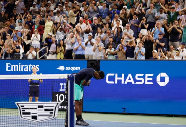 Gael Monfils of France takes a bow after winning a dramatic point in the fourth set against Adolfo Daniel Vallejo in the first round in Louis Armstrong Stadium at the 2026 US Open Tennis Championship at the USTA Billie Jean King National Tennis Center in New York City on Tuesday, September 1, 2026.  NYP20260901131 JOHNxANGELILLO