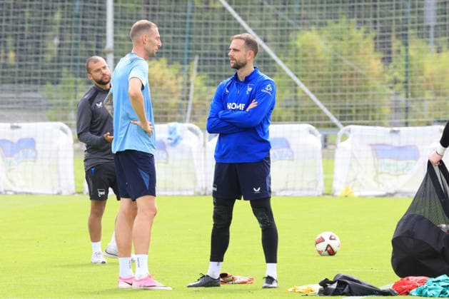 02.09.2026, DEU GER, Fussball , 2.Fussballbundesliga, Saison 2026 2027, Sportforum, Hertha BSC, Training Gustaf Nilsson ( Hertha BSC Berlin 9 ), Marius Gersbeck ( Hertha BSC Berlin 35 ) 2. Liga: DFB DFL regulations prohibit any use of photographs as image sequences and or quasi-video) Berlin Sportforum Berlin Deutschland *** September 2, 2026, DEU GER, Soccer, 2. Bundesliga, 2026–2027 season, Sportforum, Hertha BSC, Training: Gustaf Nilsson (Hertha BSC Berlin 9), Marius Gersbeck (Hertha BSC Berlin 35), 2nd Division. DFB and DFL regulations prohibit any use of photographs as image sequences and or quasi-video. Berlin Sportforum, Berlin, Germany Copyright: xNordphotox xEnglerx