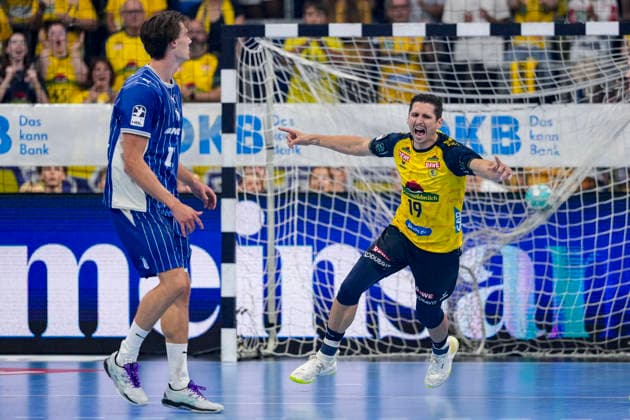 Torschütze Marius Steinhauser (RNL, 19), jubelt über ein Tor, Jubel, jubeln, Torjubel, Torerfolg, celebrate the goal, goal, celebration, jubelt ueber das Tor, Freuen, Freude, freut sich, optimistisch, positiv, Spielszene, Highlight, Einzelbild, Einzelfoto, Aktion, Action, 02.09.2026, Mannheim (Deutschland), Handball, Bundesliga, Rhein-Neckar Löwen - VfL Gummersbach