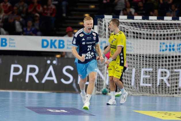 Handball 1. Opel Bundesliga 2026 2027 - Handball Club Hamburg (HCH) vs. TBV Stuttgart Frederik Bo Andersen (Hamburg) jubelt . Barclays Arena Hamburg Hamburg Foto: Frank Schoof