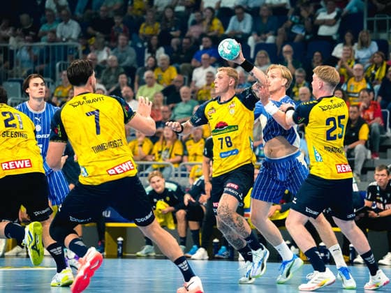 02.09.2026, xwppx, Handball Opel HBL, Rhein-Neckar-Löwen - VfL Gummersbach v.l. Robert Timmermeister (Rhein-Neckar Löwen), Edwin Aspenback (Rhein-Neckar Löwen), Haukur Thrastarson (Rhein-Neckar Löwen) Mannheim