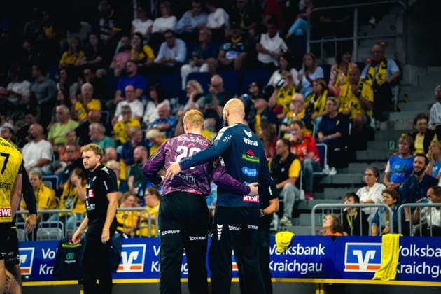 02.09.2026, xwppx, Handball Opel HBL, Rhein-Neckar-Löwen - VfL Gummersbach v.l. David Späth (Rhein-Neckar Löwen), Mike Jensen (Rhein-Neckar Löwen) Mannheim