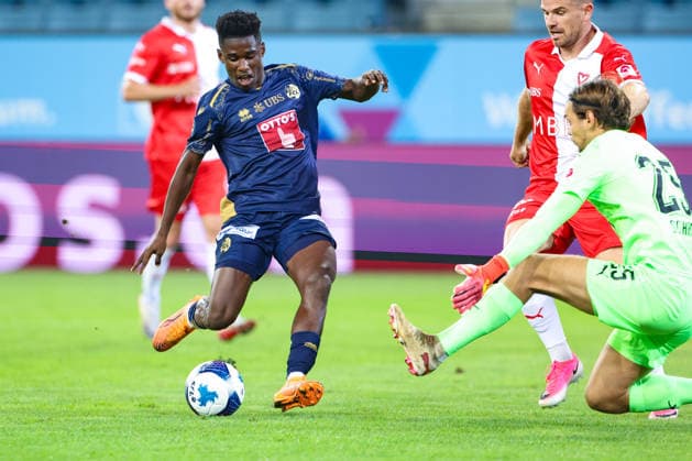 2. September 2026, Fussball, Brack Super League 2026 27, Runde 6, FC Luzern gegen FC Vaduz, Thermoplan Arena, Luzern, Schweiz Faveurdi Bongeli (18, FC Luzern) mit grosser Torchance zu 1:0 für den FC Luzern Photo: Urs Ottiger