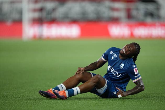 Thun, Switzerland - September 02: Brandon Soppy (2 LS) on the pitch after a injury during the Brack Super League match between FC Thun and FC Lausanne at VISANA STADION on September 02, 2026 in Thun, Switzerland. Copyright: xKjetilxWaberx xSPPx Sportspressphoto_SPR222245