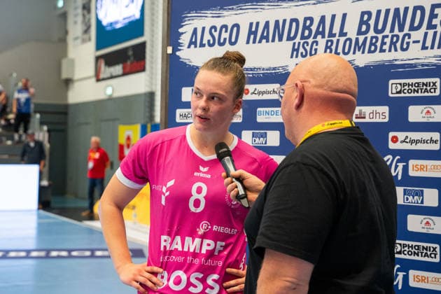 HSG Blomberg-Lippe (GER) vs. TuS Metzingen (GER), Handball, 1. Handball Bundesliga Frauen, Spieltag 2, Saison 2026 2027, Blomberg, 02.09.26 Ida Petzold (TuS Metzingen, 08) im Interview nach der Niederlage gegen HSG Blomberg-Lippe (GER) Blomberg Synflex-Arena an der Ulmenallee Deutschland