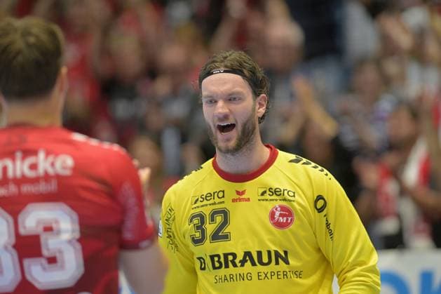 Jubel bei Kristof Palasics (Torwart MT Melsungen 32), Aaron Mensing (MT Melsungen 33) (L) , GER, MT Melsungen - Frisch Auf Goeppingen, Handball, 1. Bundesliga, 2. Spieltag, Saison 2026 2027, 02.09.2026, GER, MT Melsungen - Frisch Auf Goeppingen, Handball, 1. Bundesliga, 2. Spieltag, Saison 2026 2027, 02.09.2026 Kassel Copyright: xEibner-Pressefotox xRolandxSippelx EP_RSL