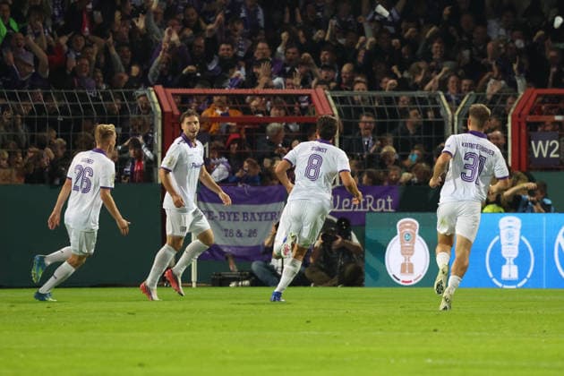 02.09.2026, xrekx, Fussball DFB Pokal 1.Runde, VfL Osnabrueck - FC Bayern München v.l. Leonhard Münst (VfL Osnabrueck Osnabrück) jubelt nach dem Tor zum 1:0 Osnabrueck