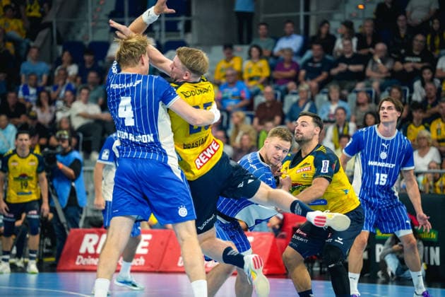 02.09.2026, xwppx, Handball Opel HBL, Rhein-Neckar-Löwen - VfL Gummersbach v.l. ElliÃ°i Snaer ViÃ°arsson (VfL Gummersbach), Haukur Thrastarson (Rhein-Neckar Löwen) Mannheim