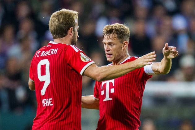 02.09.2026 - Fußball, 2026 2027, DFB-Pokal, 1. Hauptrunde, VfL Osnabrück - FC Bayern München: (L-R) Harry Kane (München) jubelt nach seinem Tor zum 1:1 mit Joshua Kimmich (München) DFB REGULATIONS PROHIBIT ANY USE OF PHOTOGRAPHS AS IMAGE SEQUENCES AND OR QUASI-VIDEO.