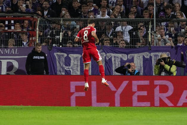 Torjubel zum 1:2 durch Tom Bischof 8 (FC Bayern Muenchen) VfL Osnabrueck vs. FC Bayern Muenchen, DFB-Pokal, 1. Runde, 02.09.2026 DFB regulations prohibit any use of photographs as image sequences and or quasi-video Osnabrück Niedersachsen Deutschland