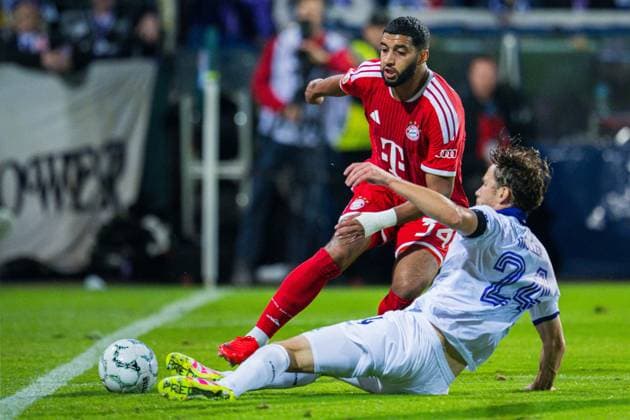 02.09.2026 - Fußball, 2026 2027, DFB-Pokal, 1. Hauptrunde, VfL Osnabrück - FC Bayern München: (L-R) Ismael Saibari (München), Jannik Müller (Osnabrück) DFB REGULATIONS PROHIBIT ANY USE OF PHOTOGRAPHS AS IMAGE SEQUENCES AND OR QUASI-VIDEO.