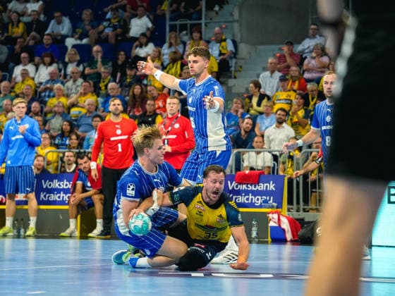 02.09.2026, xwppx, Handball Opel HBL, Rhein-Neckar-Löwen - VfL Gummersbach v.l. Kristjan HorÅ¾en (VfL Gummersbach), Kentin MahÃ (Rhein-Neckar Löwen) Mannheim