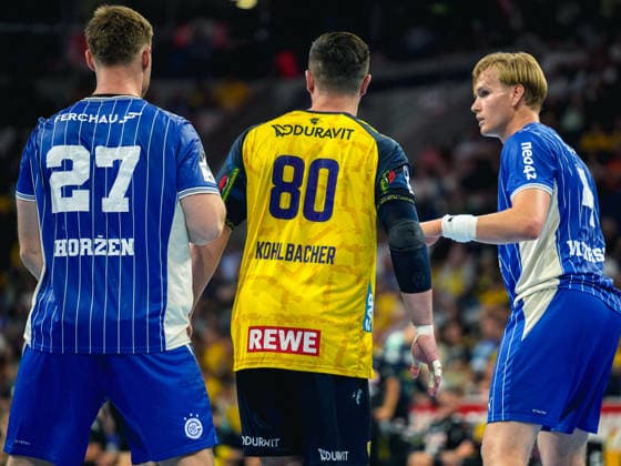 02.09.2026, xwppx, Handball Opel HBL, Rhein-Neckar-Löwen - VfL Gummersbach v.l. Kristjan HorÅ¾en (VfL Gummersbach), Kentin MahÃ (Rhein-Neckar Löwen), ElliÃ°i Snaer ViÃ°arsson (VfL Gummersbach) Mannheim