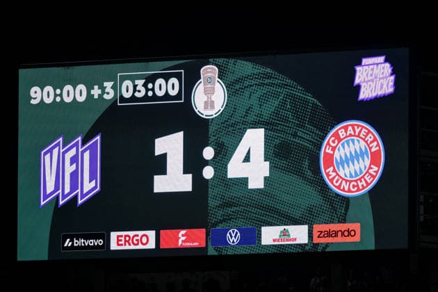 Fußball, DFB-Pokal, 20260902, VfL Osnabrück - FC Bayern München. Im Bild Anzeigetafel, Endstand 1:4. Osnabrück Osnatel Arena Niedersachsen Deutschland Copyright: Passion2Press MarkusxFischerx