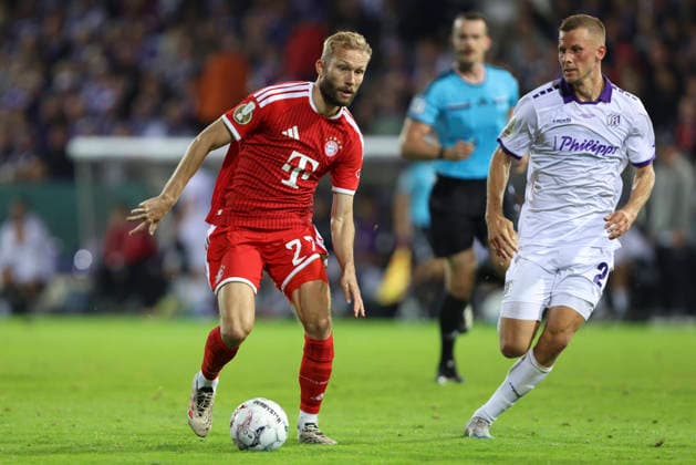 Konrad Laimer (FC Bayern Muenchen) und Adrian Beck (VfL Osnabrueck) im Zweikampf waehrend des DFB-Pokal Spiels zwichen VfL Osnabrueck v FC Bayern Muenchen, Bremer Bruecke am 02. September 2026 in Osnabrueck, Deutschland. (Foto von Oliver Kaelke DeFodi Images) +++ Konrad Laimer (FC Bayern Muenchen) und Adrian Beck (VfL Osnabrueck) battle for the ball during the DFB-Pokal match between VfL Osnabrueck v FC Bayern Muenchen at Bremer Bruecke on September 2, 2026 in Osnabrueck, Germany. (Photo by Oliver Kaelke DeFodi Images) (Photo by Oliver Kaelke DeFodi Images) -