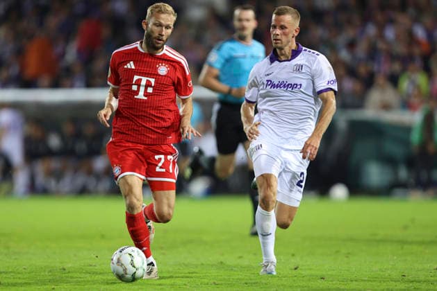 Konrad Laimer (FC Bayern Muenchen) und Adrian Beck (VfL Osnabrueck) im Zweikampf waehrend des DFB-Pokal Spiels zwichen VfL Osnabrueck v FC Bayern Muenchen, Bremer Bruecke am 02. September 2026 in Osnabrueck, Deutschland. (Foto von Oliver Kaelke DeFodi Images) +++ Konrad Laimer (FC Bayern Muenchen) und Adrian Beck (VfL Osnabrueck) battle for the ball during the DFB-Pokal match between VfL Osnabrueck v FC Bayern Muenchen at Bremer Bruecke on September 2, 2026 in Osnabrueck, Germany. (Photo by Oliver Kaelke DeFodi Images) (Photo by Oliver Kaelke DeFodi Images) -