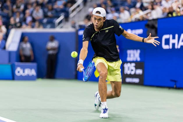 Rei Sakamoto of Japan returns a ball to Frances Tiafoe in the first set of their second round match in Louis Armstrong Stadium at the 2026 US Open Tennis Championships at the USTA Billie Jean King National Tennis Center in New York City on Wednesday, September 2, 2026.  NYP20260902307 COREYxSIPKIN