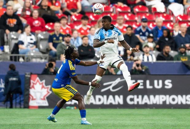 September 2, 2026, Vancouver, Bc, CANADA: CF Montreal s Brayan Ceballos, right, jumps for the ball as Vancouver Whitecaps Emmanuel Sabbi defends during first half Canadian Championship semifinal soccer action in Vancouver on Wednesday, September 2, 2026. Canada News - September 2, 2026  - ZUMAc35_ 20260902_zaf_c35_116 Copyright: xEthanxCairnsx