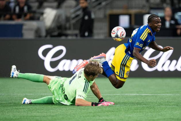 September 2, 2026, Vancouver, Bc, CANADA: CF Montreal goalkeeper Sebastian Breza (1) stops Vancouver Whitecaps Bruno Caicedo (14) during second half Canadian Championship semifinal soccer action in Vancouver on Wednesday, Sept. 2, 2026. Canada News - September 2, 2026  - ZUMAc35_ 20260902_zaf_c35_137 Copyright: xEthanxCairnsx