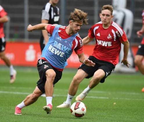 03.09.2026 xophax, Fussball-Bundesliga ,1.FC Köln 1.FC Köln, Saison 2026 2027 , Fussball-Bundesliga Training am Geissbockheim . Abschlusstraining vor dem Spiel gegen den VFB Stuttgart. Jan Thielmann , links und Isak Johannesson , rechts ( 1.FC Köln ) Köln *** September 3, 2026 xophax, Bundesliga, 1. FC Köln, 1. FC Köln, 2026–2027 season, German Bundesliga Training at Geissbockheim Final training session before the match against VFB Stuttgart Jan Thielmann, left, and Isak Johannesson, right, 1. FC Köln, Cologne