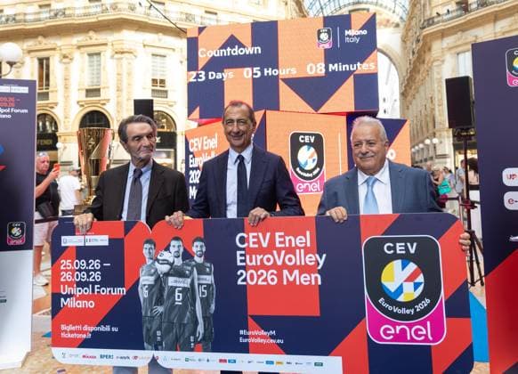 Attilio Fontana, Giuseppe Sala e Giuseppe Manfredi. Presentazione CountDown Clock del Prossimo Cel Enel Eurovolley 2026 in Galleria Vittorio Emanuele. GiovedÃ¬ 3 settembre 2026. Milano, Italia. (foto Stefano Porta LaPresse) Unveiling of the Countdown Clock for the upcoming Enel EuroVolley 2026 in Galleria Vittorio Emanuele. - Milan, Italy - September 3, 2026 (photo Stefano Porta LaPresse)  Copyright: xStefanoxPortax LaPressex